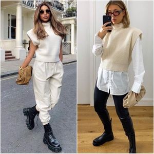 Zara Ivory White Shoulder Pads Sleeveless Knit Sweater Vest Top L